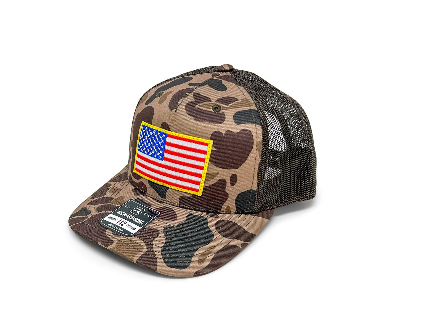 USA Flag Patch Hat | Richardson 112 | Duck Camo Brown