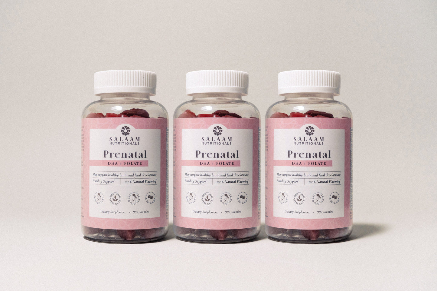 Vitaminas prenatales halal - Multivitaminas gomosas con folato y DHA - 90 unidades | Nutrición Salaam
