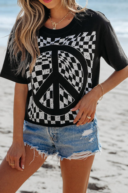 Checker Peace Sign Graphic T-Shirt