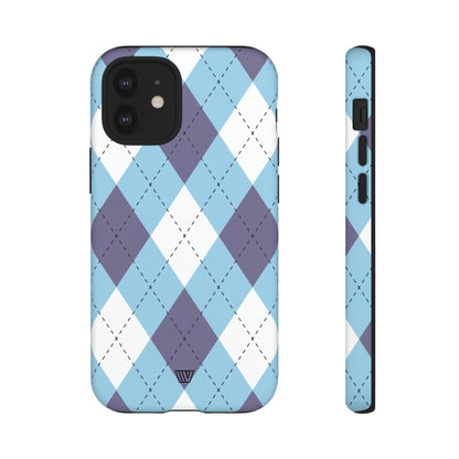 Funda resistente con diseño de rombos azul, blanco y morado