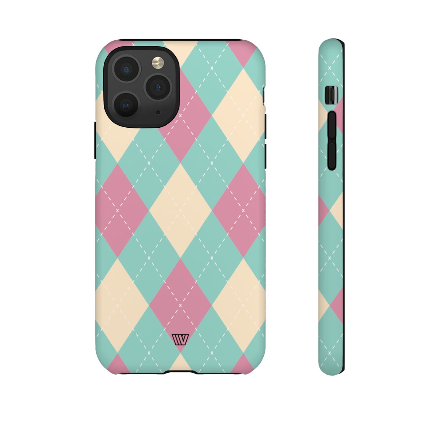 Funda resistente con diseño de rombos azul, rosa y beige