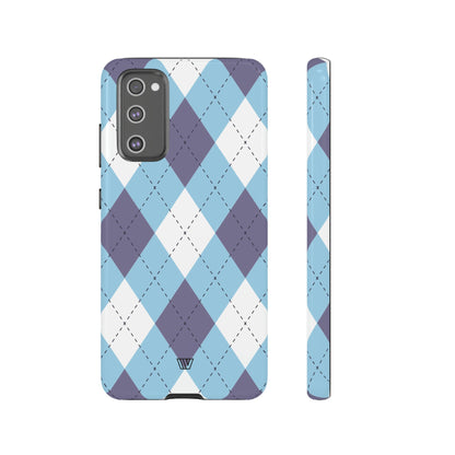 Funda resistente con diseño de rombos azul, blanco y morado
