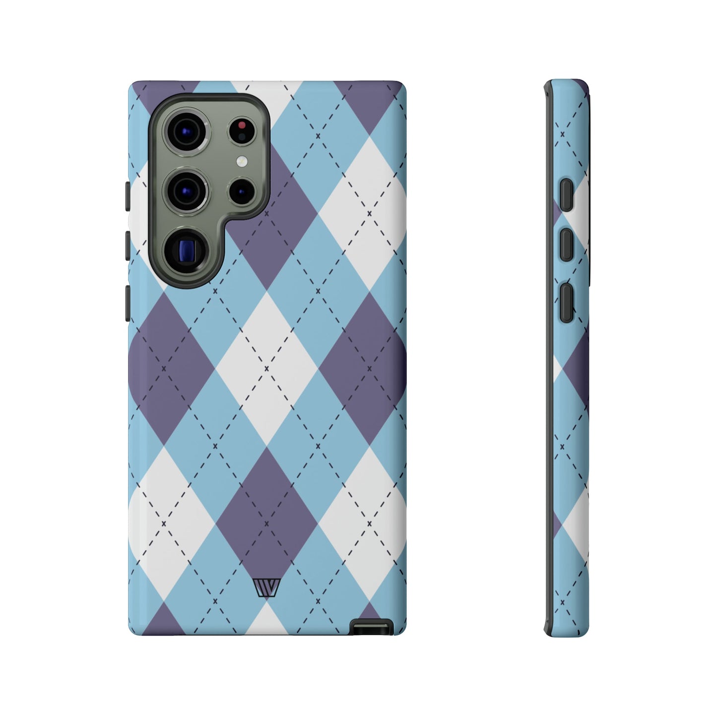 Funda resistente con diseño de rombos azul, blanco y morado