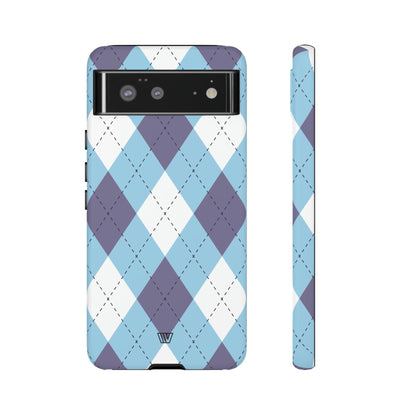 Funda resistente con diseño de rombos azul, blanco y morado