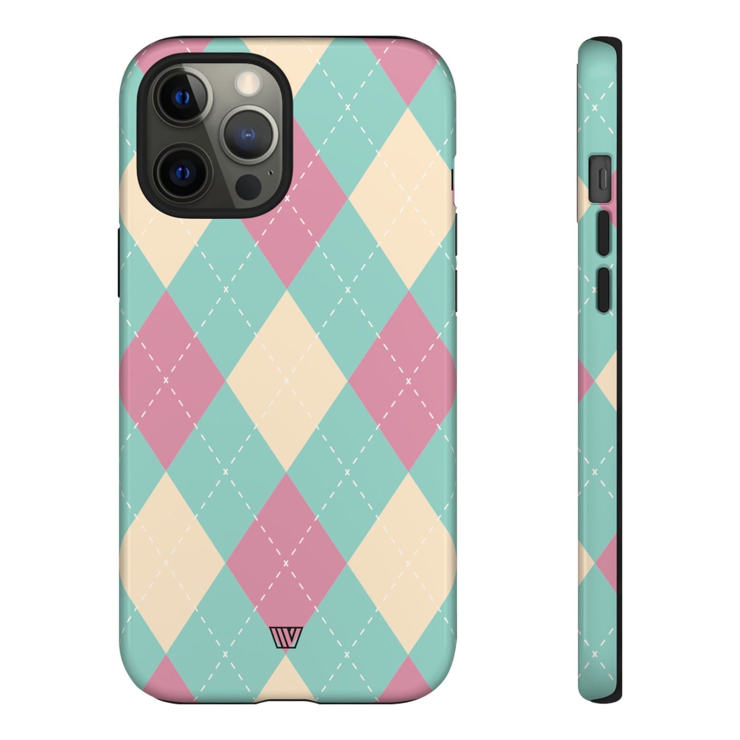 Funda resistente con diseño de rombos azul, rosa y beige