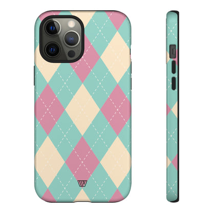Funda resistente con diseño de rombos azul, rosa y beige
