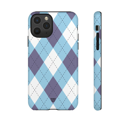 Funda resistente con diseño de rombos azul, blanco y morado