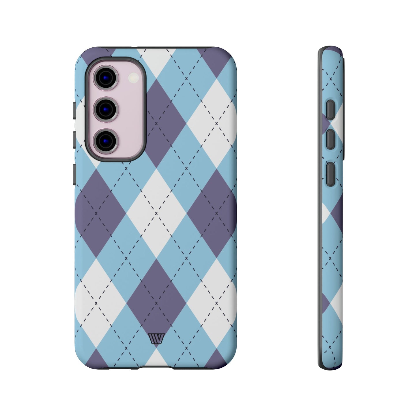 Funda resistente con diseño de rombos azul, blanco y morado