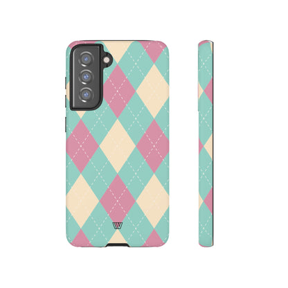 Funda resistente con diseño de rombos azul, rosa y beige