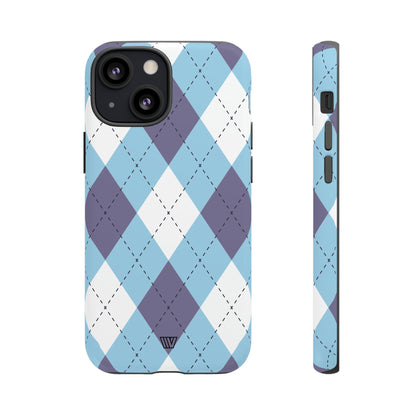 Funda resistente con diseño de rombos azul, blanco y morado