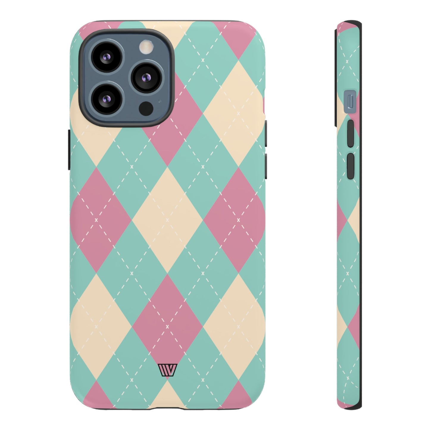 Funda resistente con diseño de rombos azul, rosa y beige