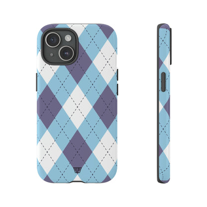 Funda resistente con diseño de rombos azul, blanco y morado