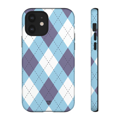 Funda resistente con diseño de rombos azul, blanco y morado