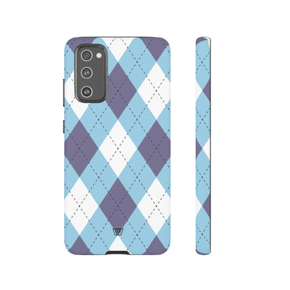Funda resistente con diseño de rombos azul, blanco y morado