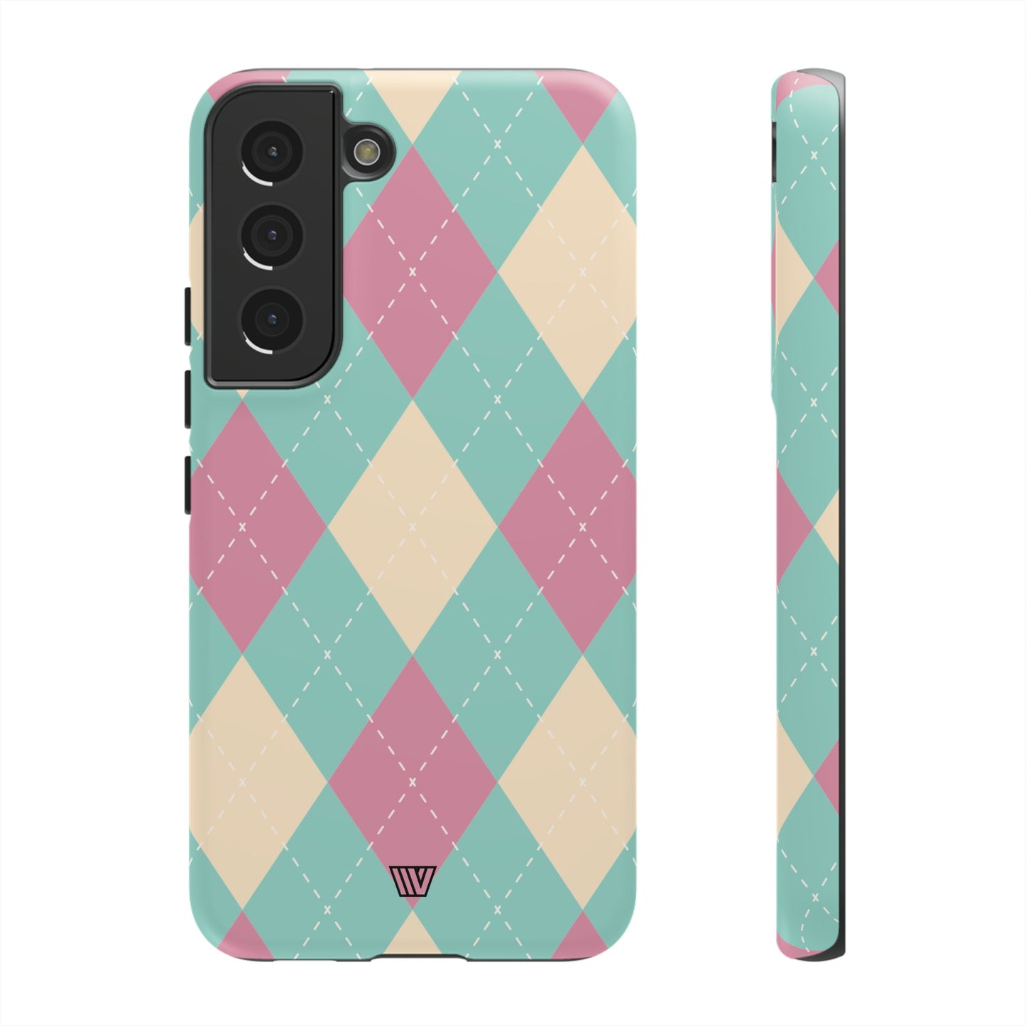 Funda resistente con diseño de rombos azul, rosa y beige