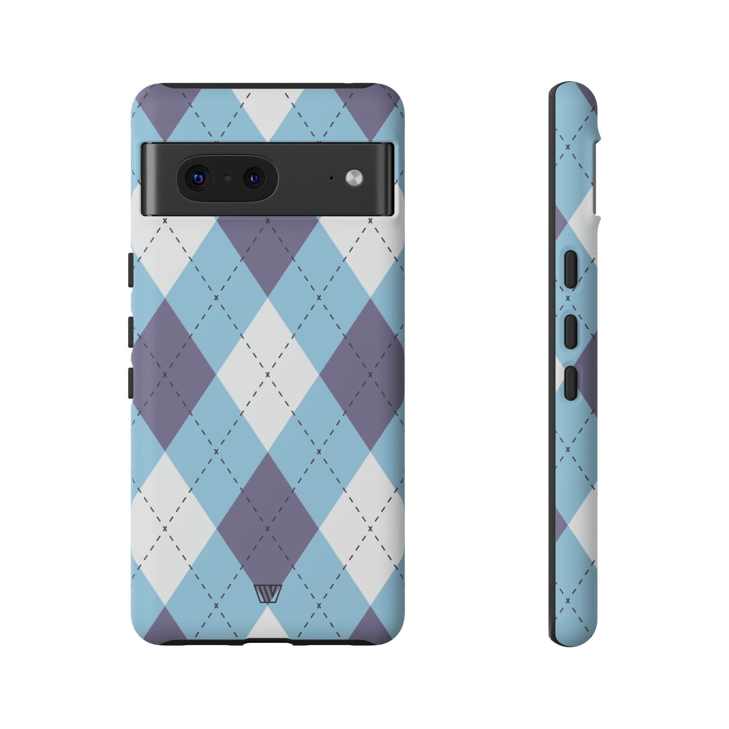 Funda resistente con diseño de rombos azul, blanco y morado