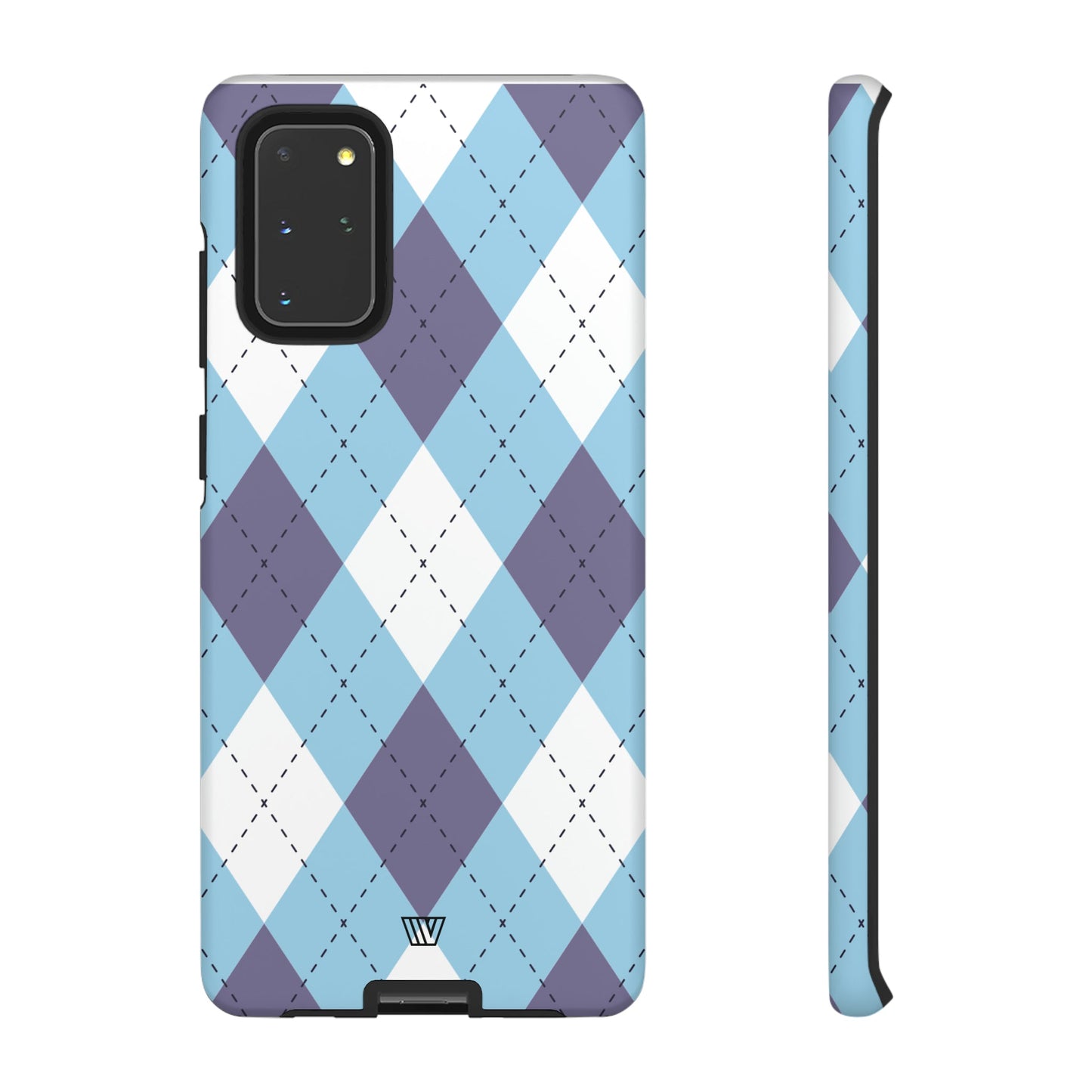 Funda resistente con diseño de rombos azul, blanco y morado