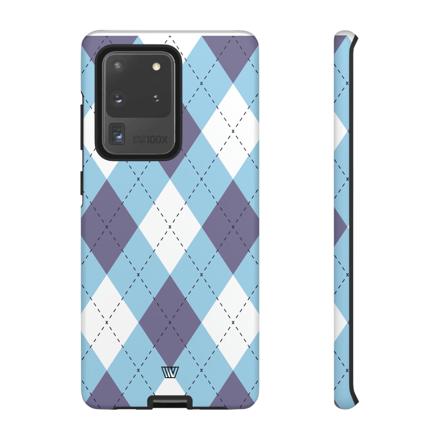 Funda resistente con diseño de rombos azul, blanco y morado