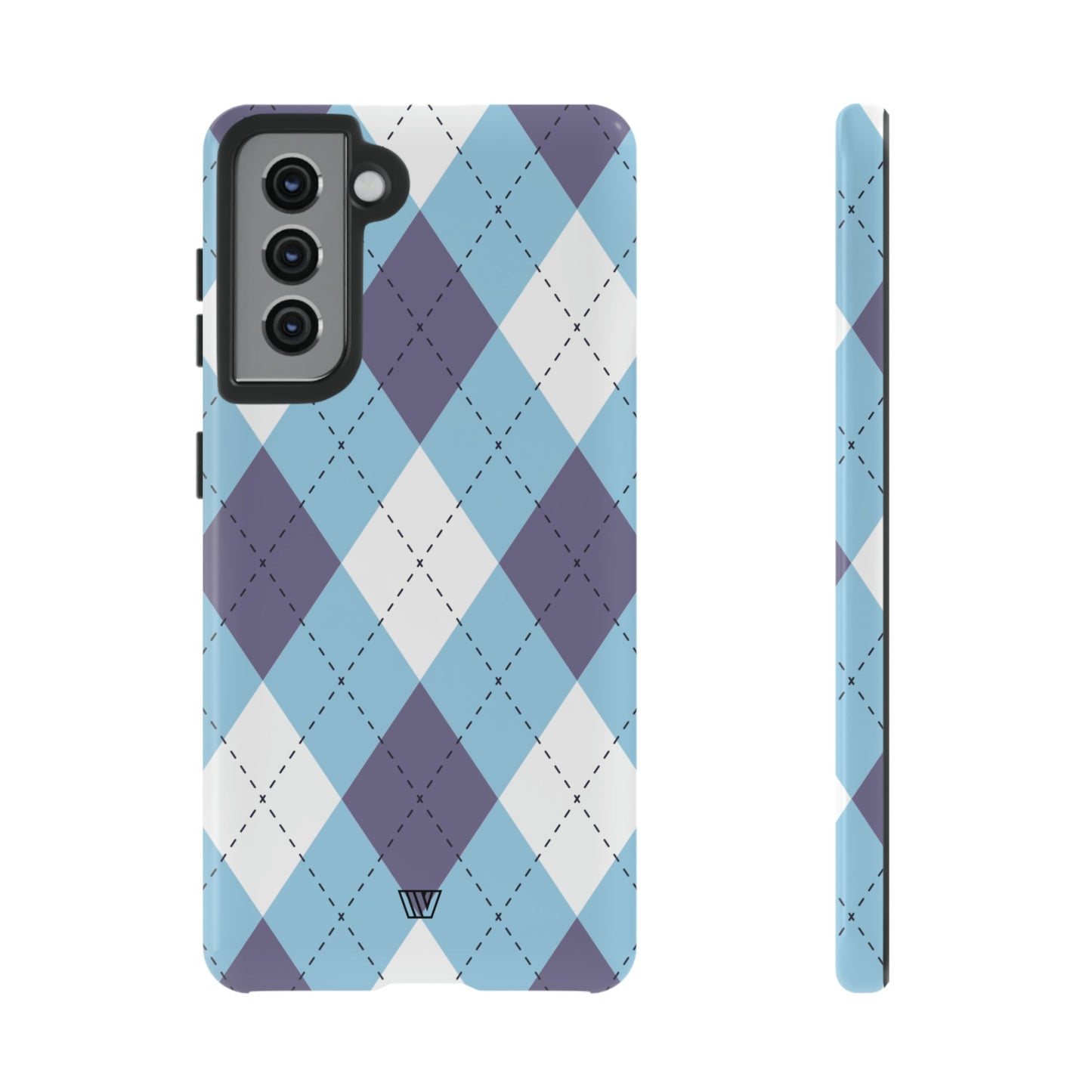 Funda resistente con diseño de rombos azul, blanco y morado