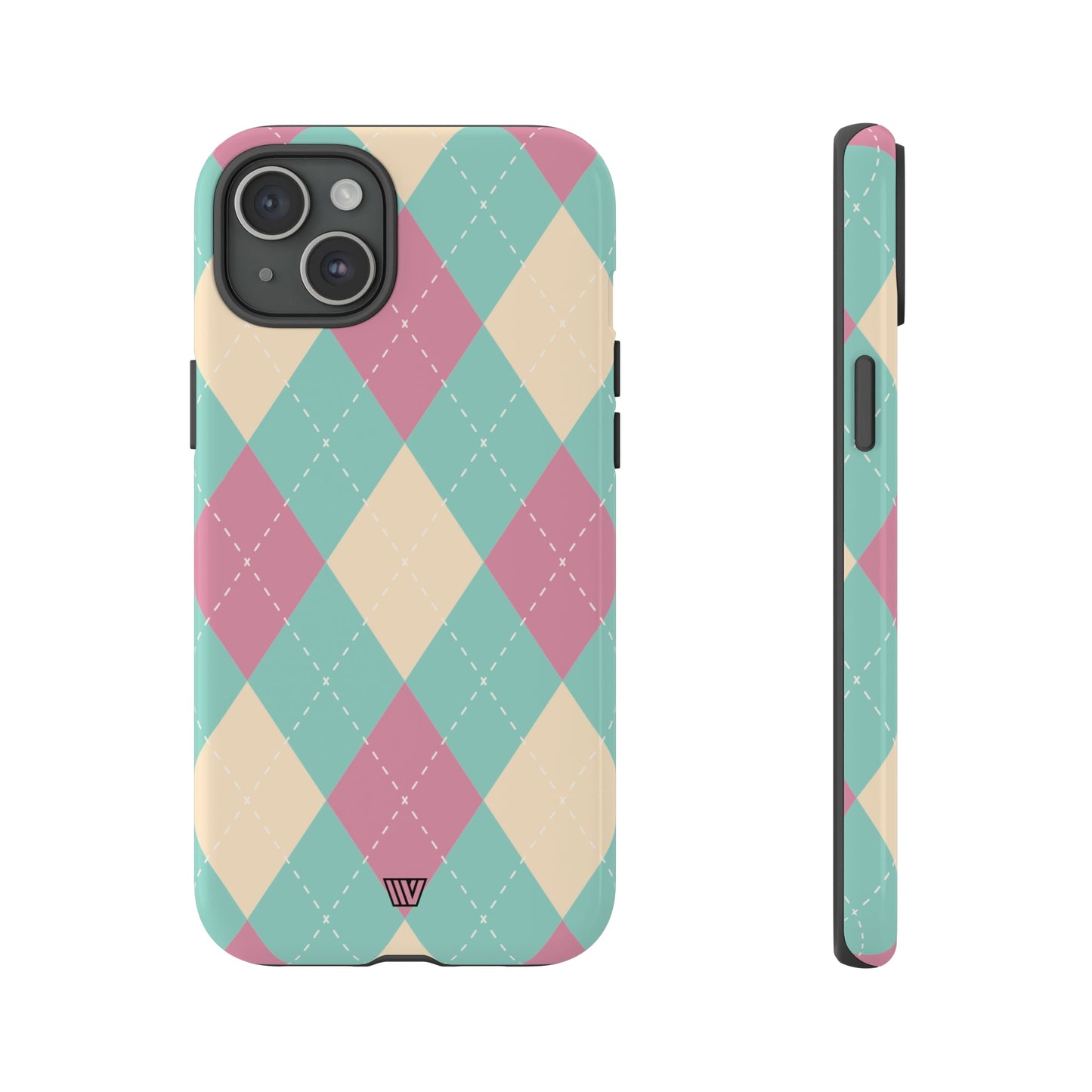 Funda resistente con diseño de rombos azul, rosa y beige