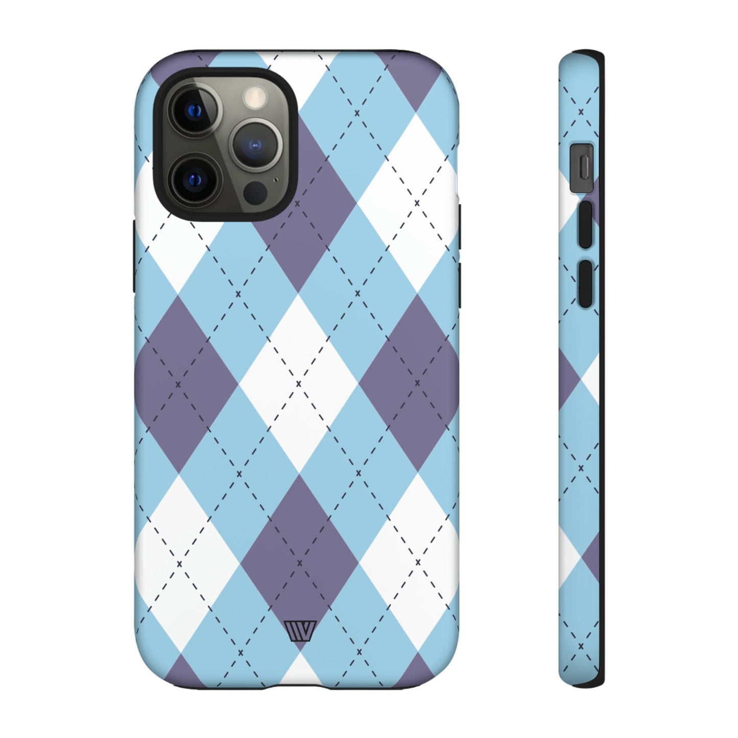 Funda resistente con diseño de rombos azul, blanco y morado