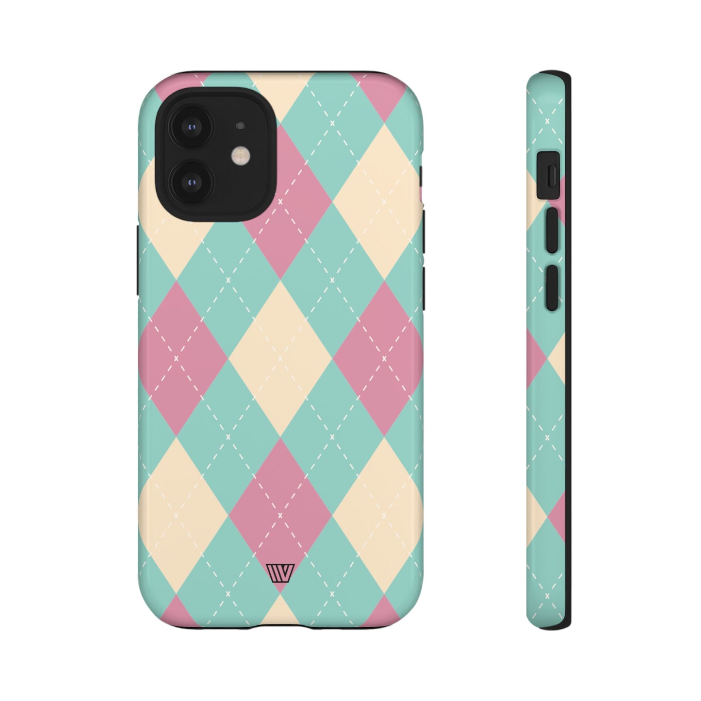 Funda resistente con diseño de rombos azul, rosa y beige