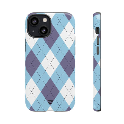 Funda resistente con diseño de rombos azul, blanco y morado