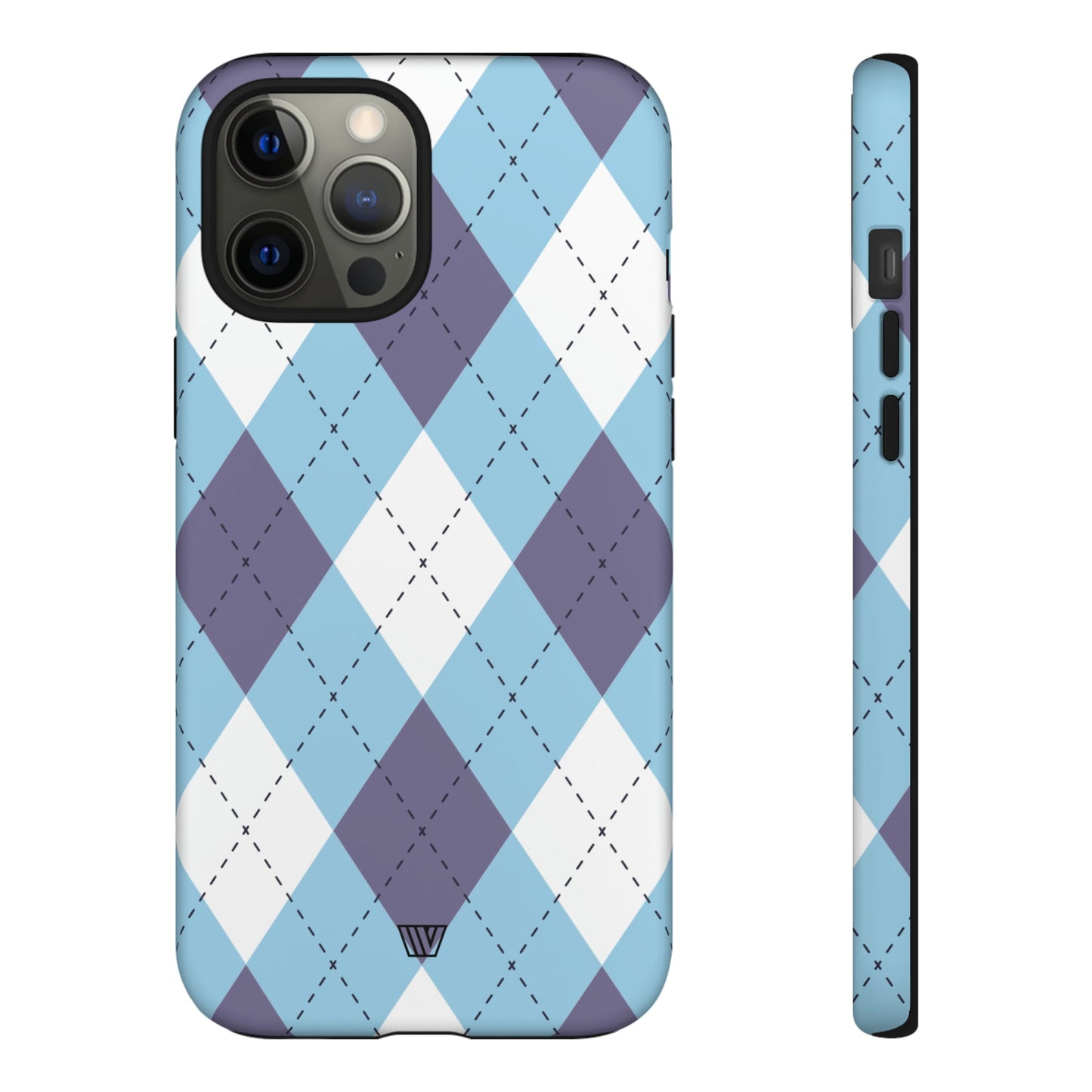Funda resistente con diseño de rombos azul, blanco y morado