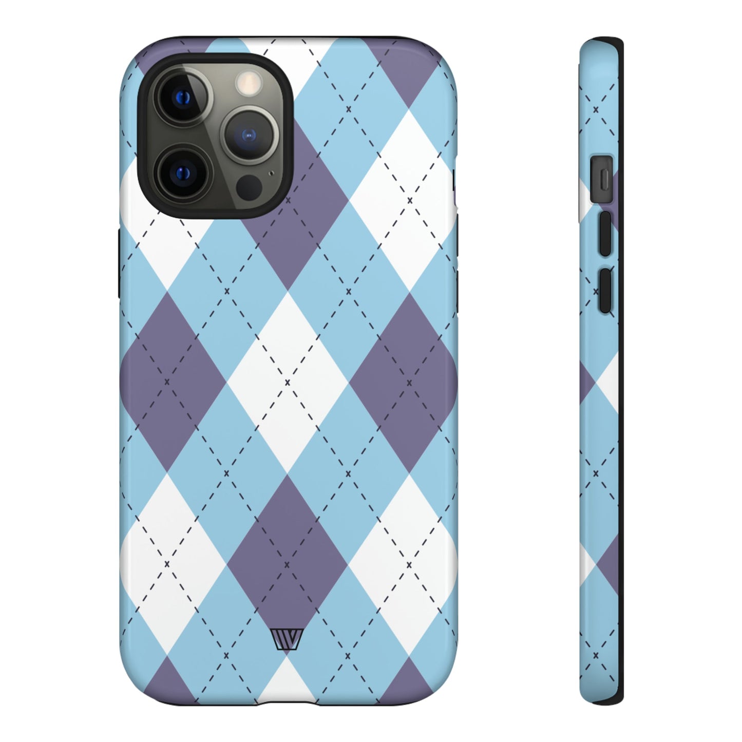 Funda resistente con diseño de rombos azul, blanco y morado