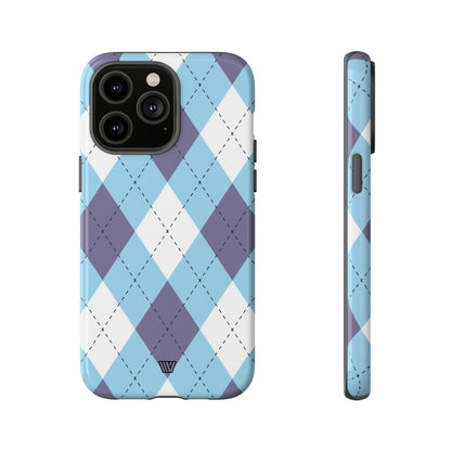Funda resistente con diseño de rombos azul, blanco y morado