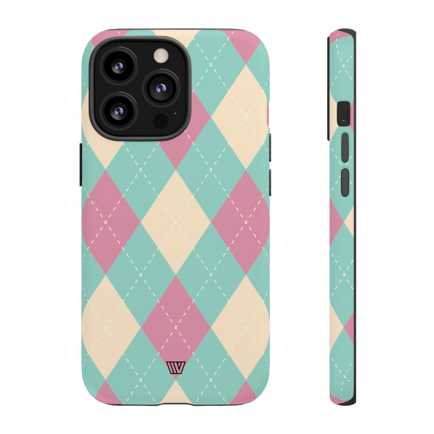 Funda resistente con diseño de rombos azul, rosa y beige