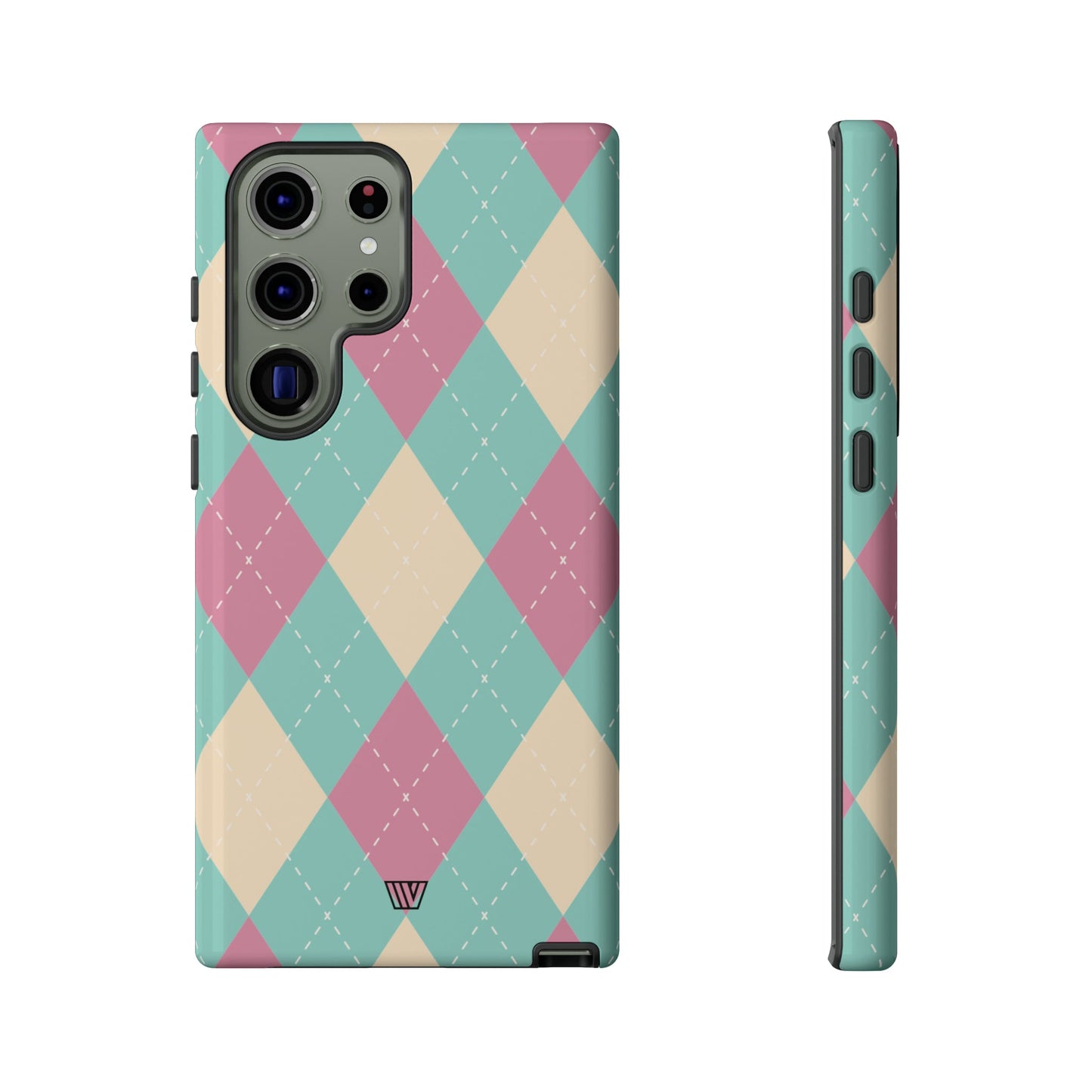 Funda resistente con diseño de rombos azul, rosa y beige
