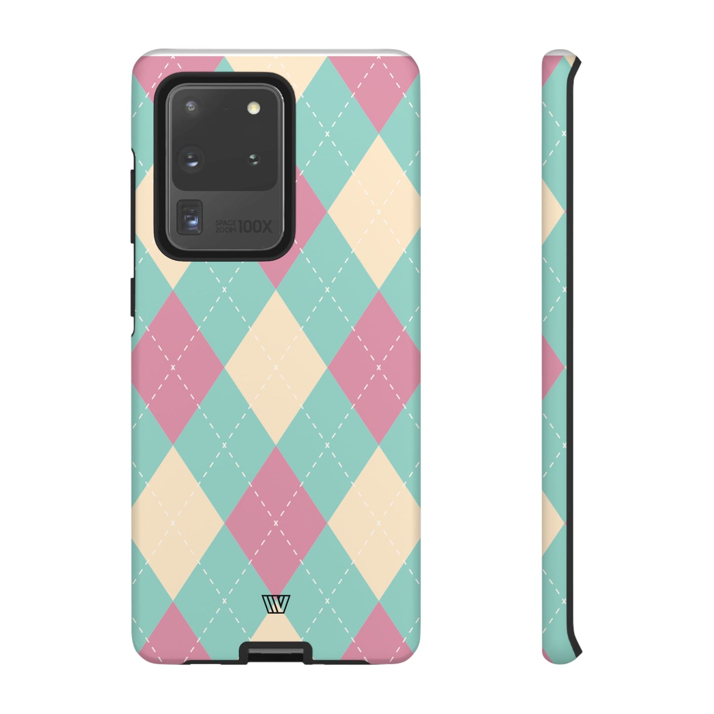 Funda resistente con diseño de rombos azul, rosa y beige