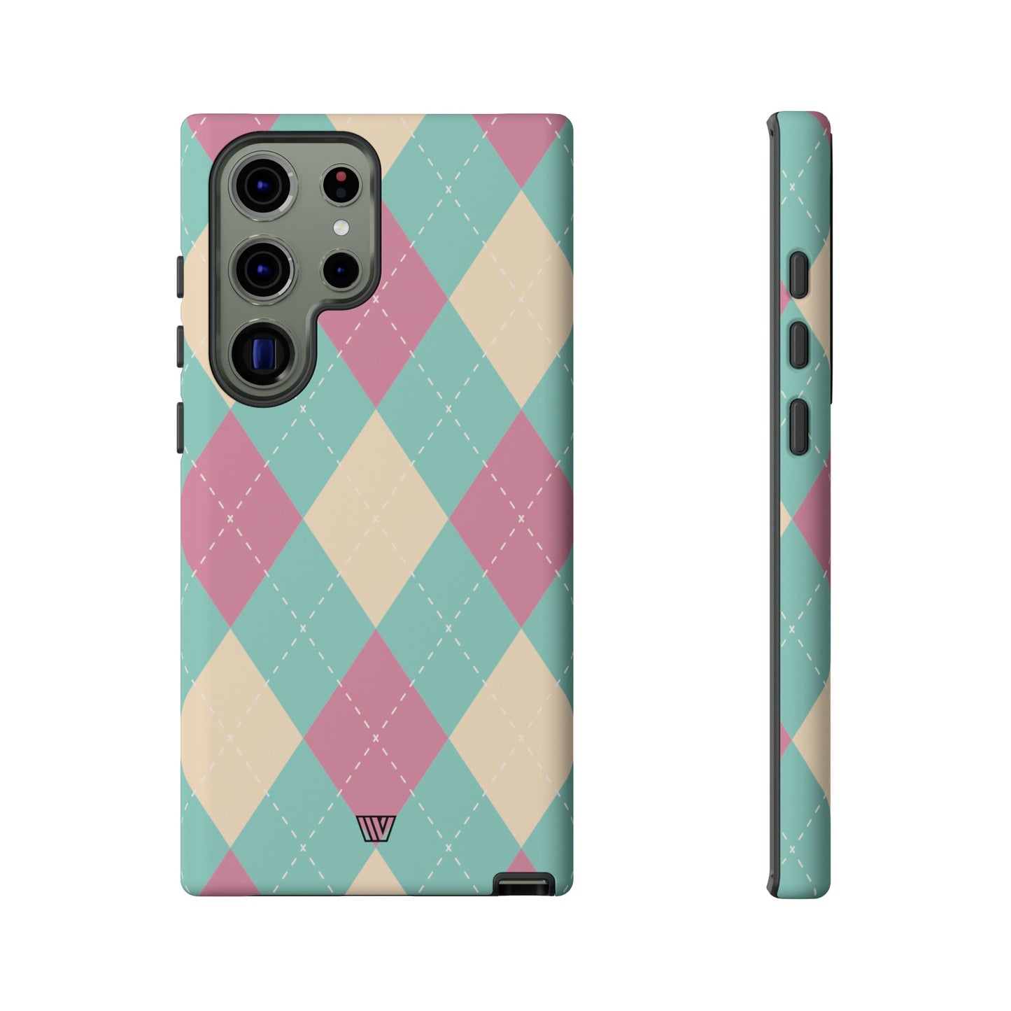 Funda resistente con diseño de rombos azul, rosa y beige