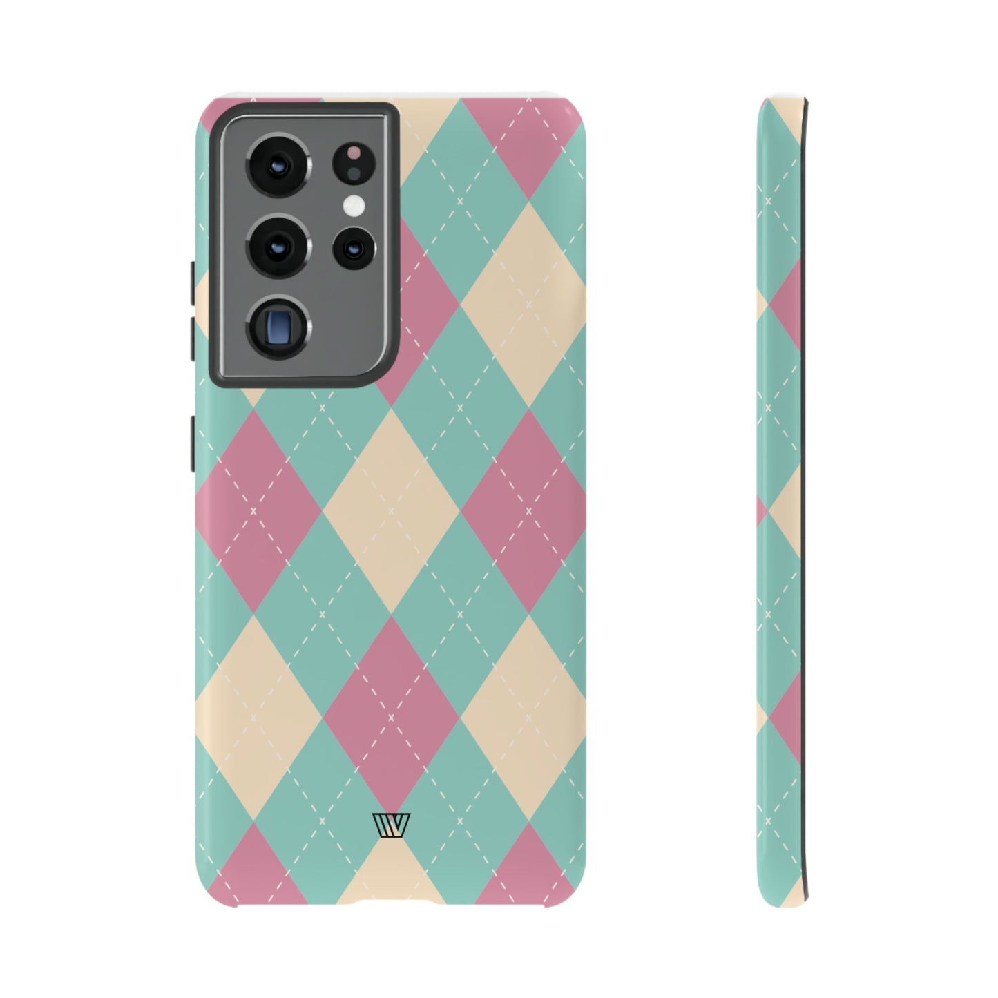 Funda resistente con diseño de rombos azul, rosa y beige