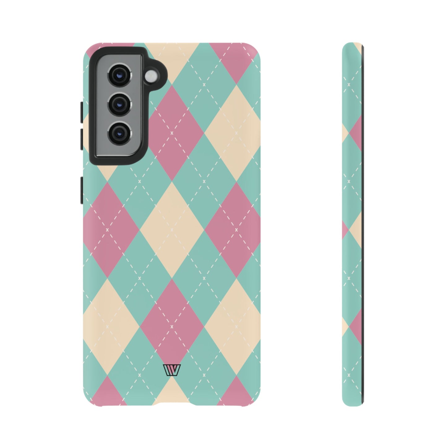 Funda resistente con diseño de rombos azul, rosa y beige