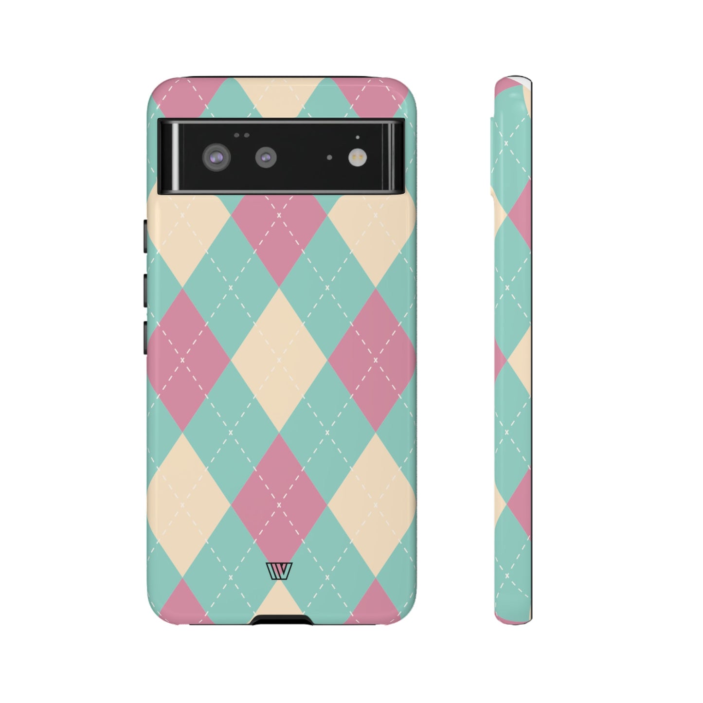 Funda resistente con diseño de rombos azul, rosa y beige