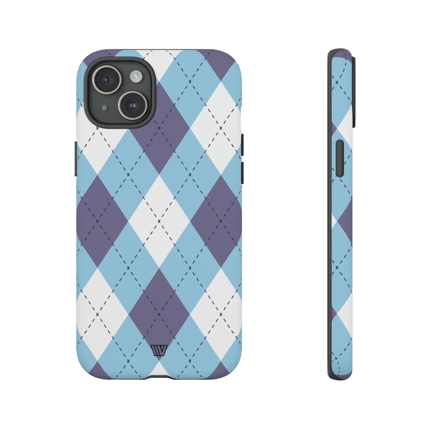 Funda resistente con diseño de rombos azul, blanco y morado