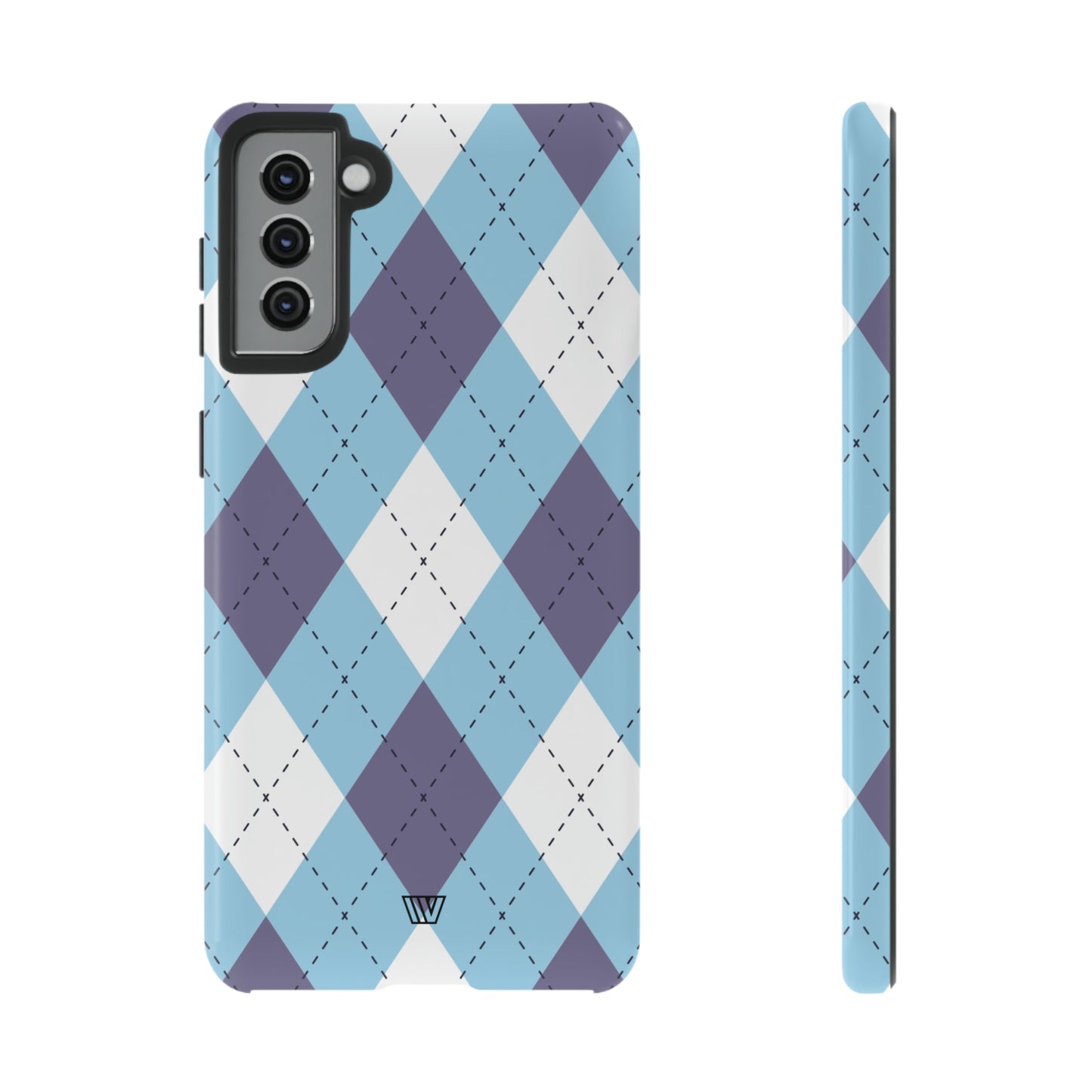 Funda resistente con diseño de rombos azul, blanco y morado