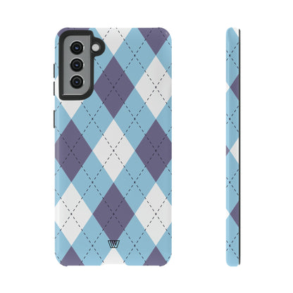 Funda resistente con diseño de rombos azul, blanco y morado