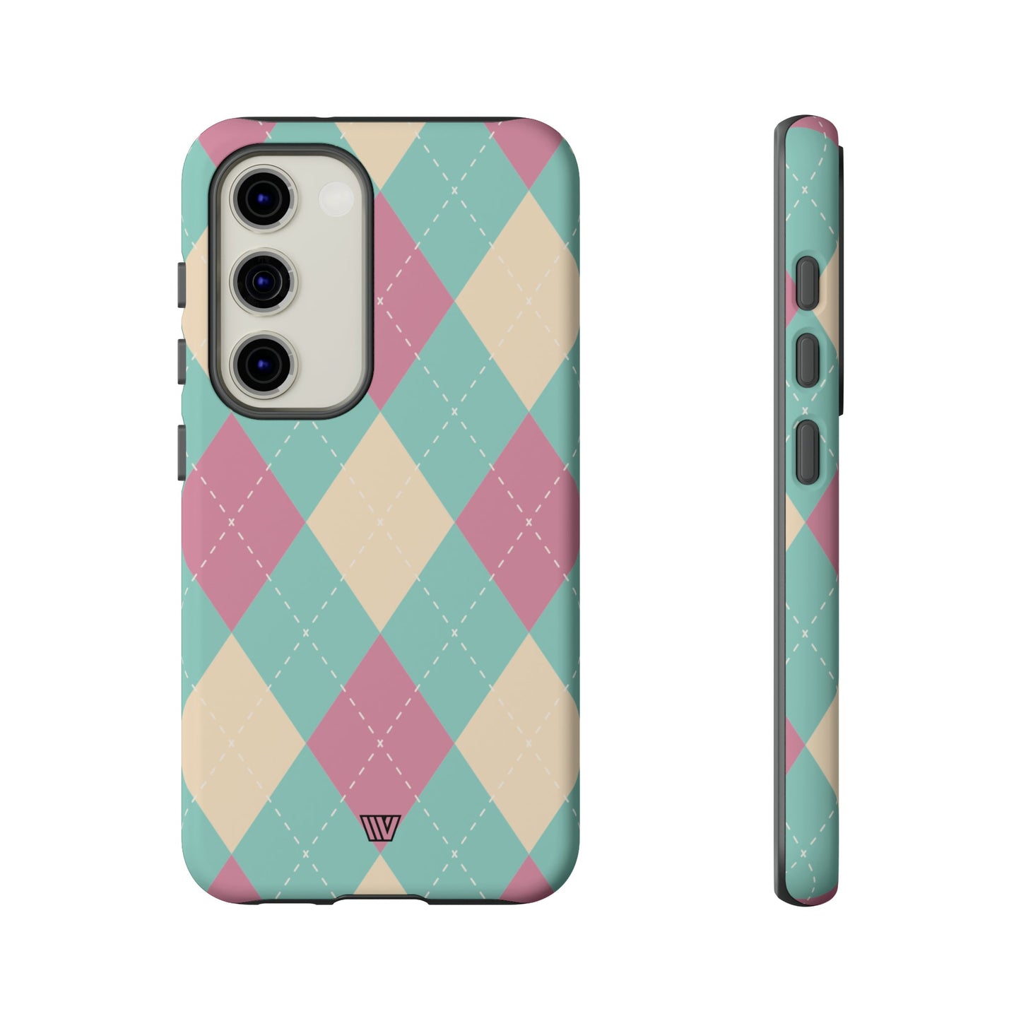 Funda resistente con diseño de rombos azul, rosa y beige