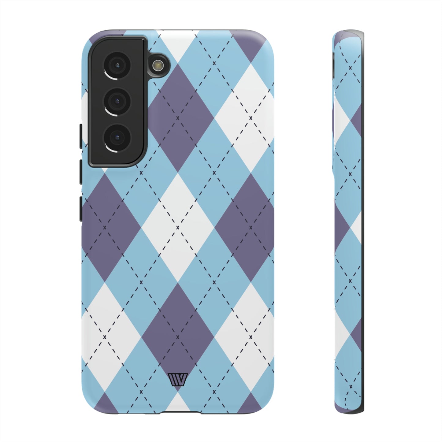 Funda resistente con diseño de rombos azul, blanco y morado