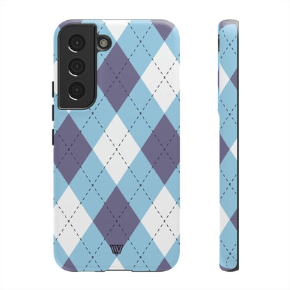 Funda resistente con diseño de rombos azul, blanco y morado
