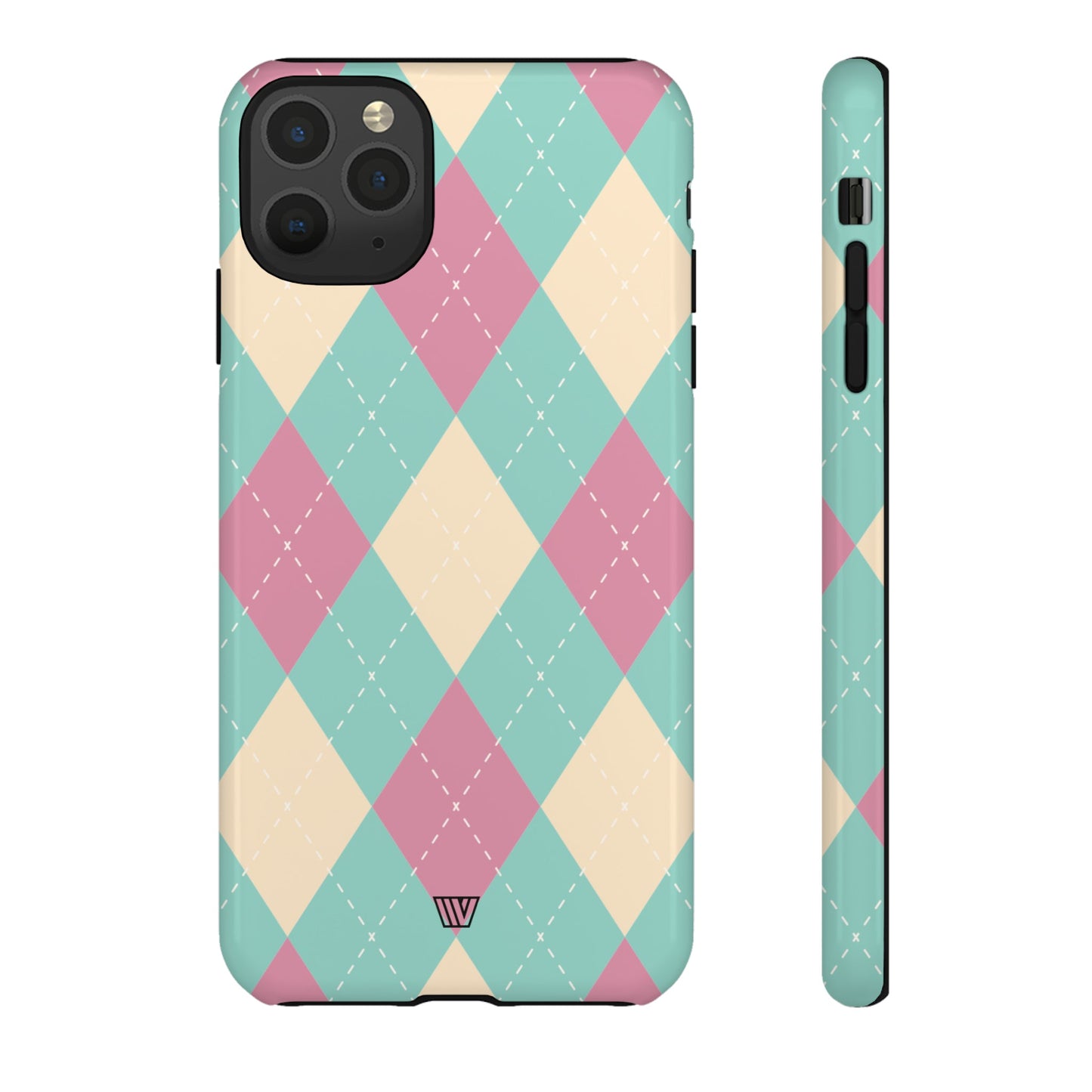 Funda resistente con diseño de rombos azul, rosa y beige