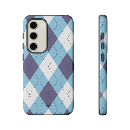 Funda resistente con diseño de rombos azul, blanco y morado
