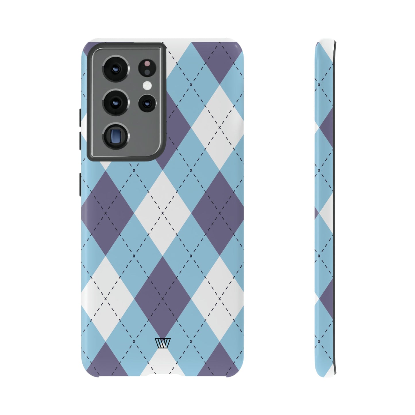 Funda resistente con diseño de rombos azul, blanco y morado