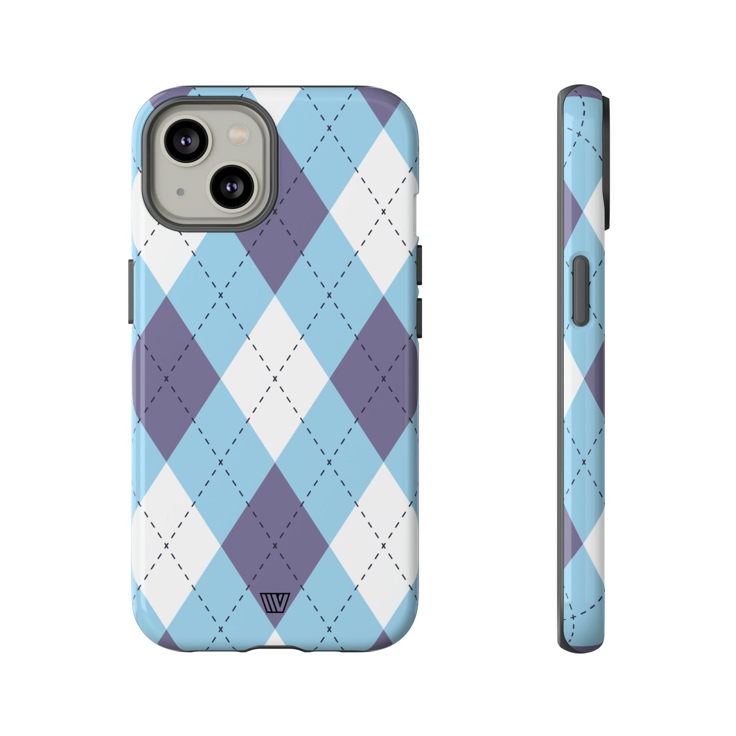 Funda resistente con diseño de rombos azul, blanco y morado