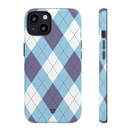 Funda resistente con diseño de rombos azul, blanco y morado