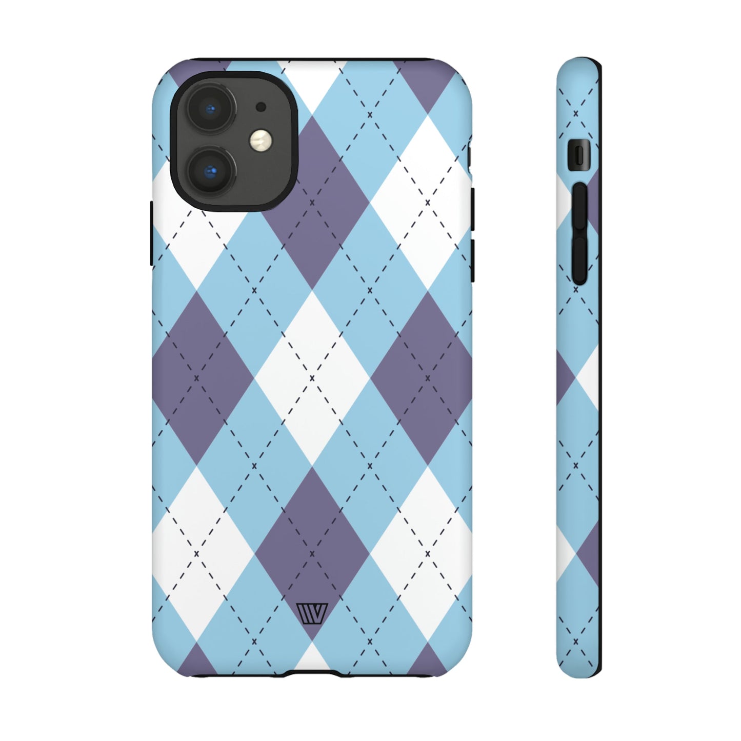 Funda resistente con diseño de rombos azul, blanco y morado