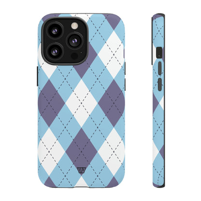Funda resistente con diseño de rombos azul, blanco y morado